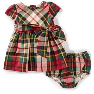 Baby Girls Cap-Sleeve Plaid Fit-And-Flare Dress Plaid Baby Dress with Bow